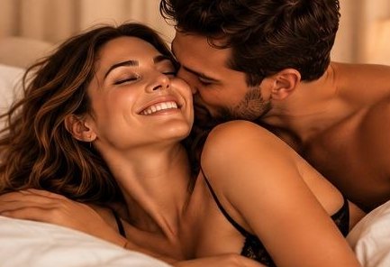 Couple smiling together in bed
