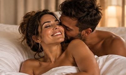 Couple smiling together in bed